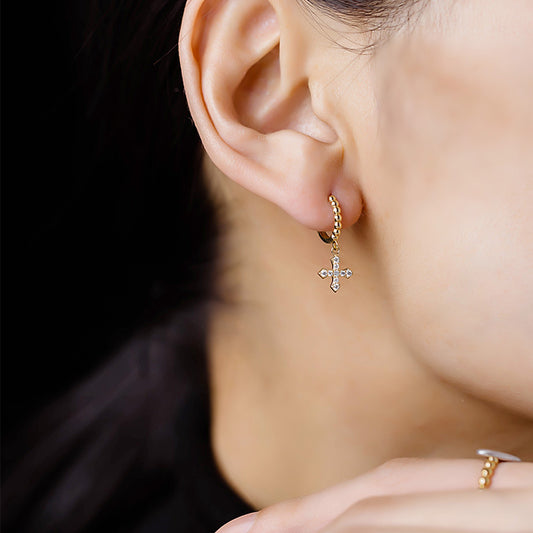 14K Solid Gold Moissanite Cross Pendant Huggie Earrings – Paved Sparkle Drop Hoops