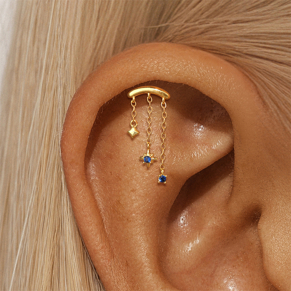 ASTM F136 Star/Moon Chain Tassel Threaded Cartilage Piercing Earrings Ear Studs
