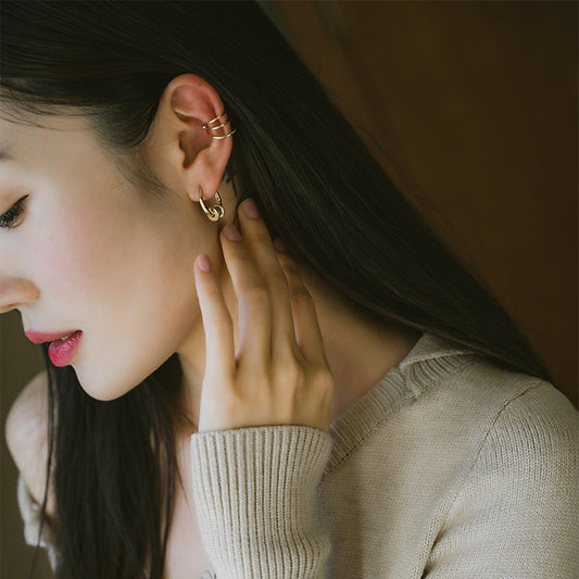 14K Solid Gold Simple 3 layers Ear Clip Earrings Hoops for pairs