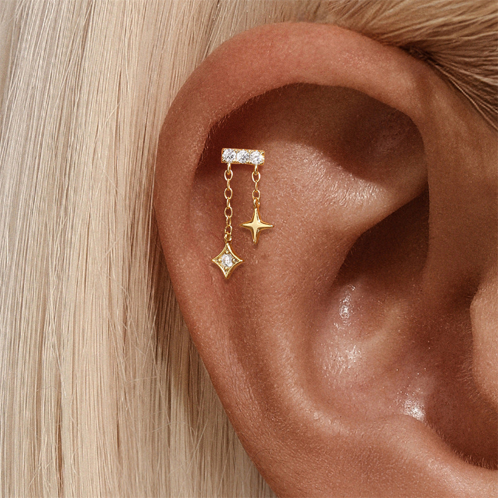 ASTM F136 Star/Moon Chain Tassel Threaded Cartilage Piercing Earrings Ear Studs