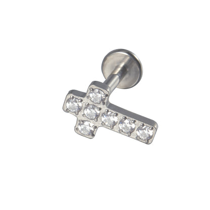 Cross zircon threadless flatback ear stud labrets