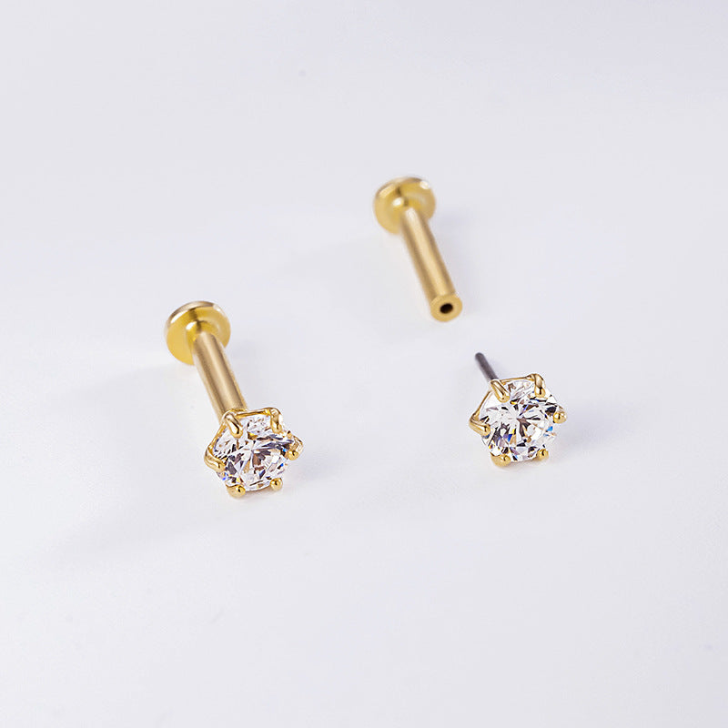 14K Gold 5A Zircon Labret Stud – Push-in Piercing for Lip, Tragus & Helix