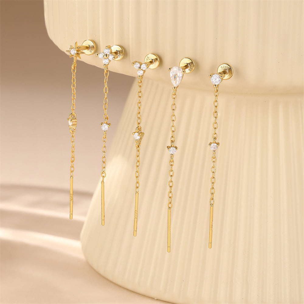 ASTM F136 Star/Moon Chain Tassel Threaded Cartilage Piercing Earrings Ear Studs