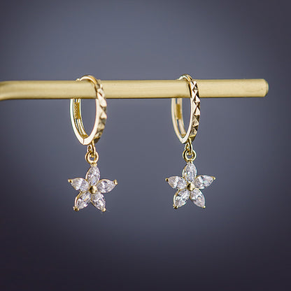 14K Solid Gold Flower Pendant Huggie Hoop Earrings with Zircon – Elegant Drop Jewelry