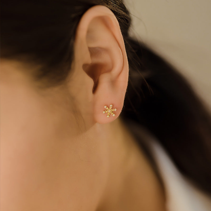 14K Yellow Gold Snowflake Moissanite Stud – Threaded Ball Back Piercing