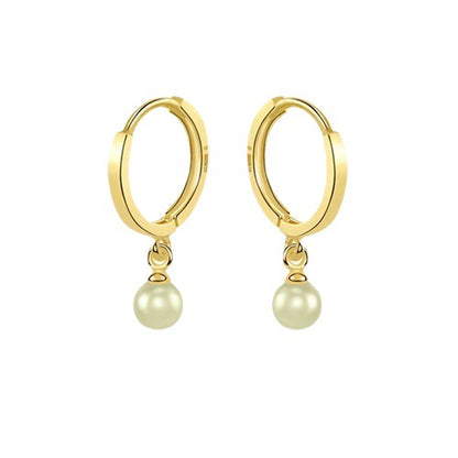 14K Solid Gold Huggie Hoop Earrings with 3mm Freshwater Pearl Pendant – Timeless Elegance
