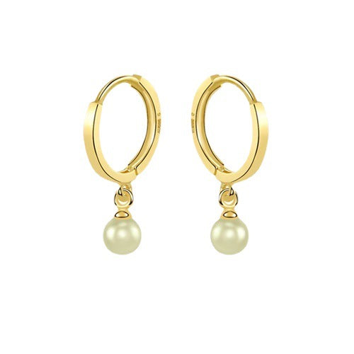 14K Solid Gold Huggie Hoop Earrings with 3mm Freshwater Pearl Pendant – Timeless Elegance