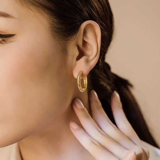 14K Solid Gold Engraved Large Hoop Earrings – Classic Gift for Women
