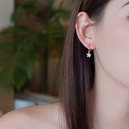 14K Solid Gold Flower Pendant Huggie Hoop Earrings with Zircon – Elegant Drop Jewelry