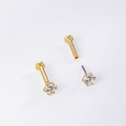 14K Gold 5A Zircon Labret Stud – Push-in Piercing for Lip, Tragus & Helix