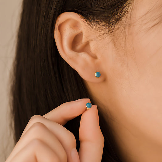 14K Solid Gold Round Turquoise Threaded ball Earring studs