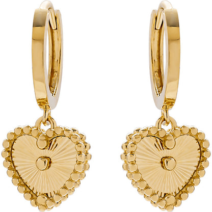14K Yellow Gold 3D Heart Huggie Earrings – Romantic Drop Pendant Design