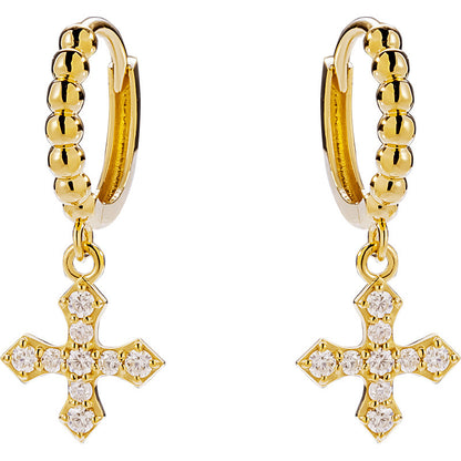 14K Solid Gold Moissanite Cross Pendant Huggie Earrings – Paved Sparkle Drop Hoops