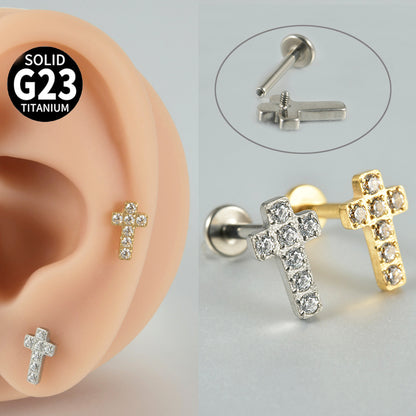 Cross zircon threadless flatback ear stud labrets