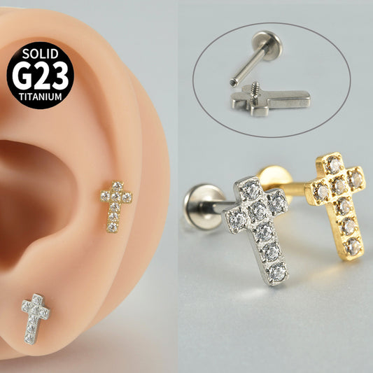 Cross zircon threadless flatback ear stud labrets