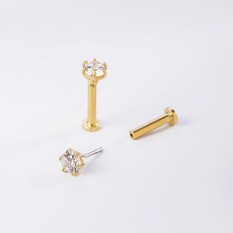 14K Gold 5A Zircon Labret Stud – Push-in Piercing for Lip, Tragus & Helix