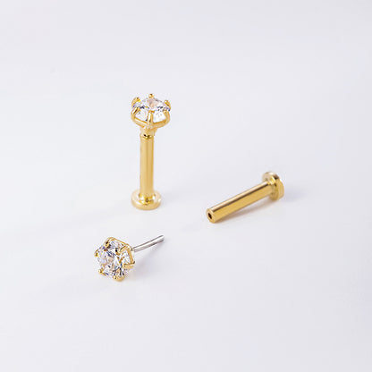 14K Gold 5A Zircon Labret Stud – Push-in Piercing for Lip, Tragus & Helix