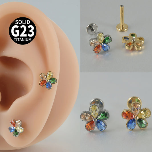 Sunflower Multi-color Zircon Stone Flatback Threadless Labret Ear Stud Piercing