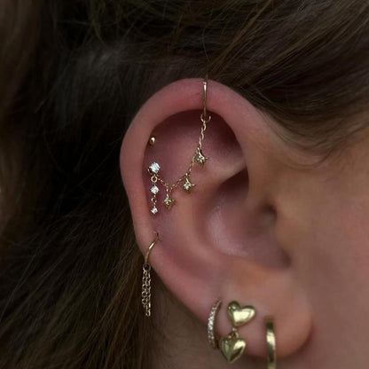 ASTM F136 Long chain rhinestones cartilage tassel dangle piercing earrings accessories