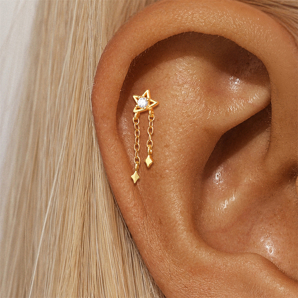 ASTM F136 Star/Moon Chain Tassel Threaded Cartilage Piercing Earrings Ear Studs