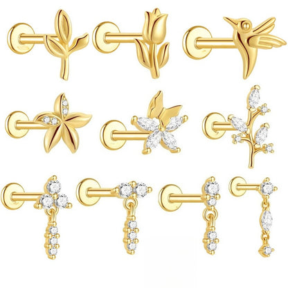 ASTM F136 Flower/ Woodpecker/Fish/Butterfly Flatback Cartilage Piercing Earrings