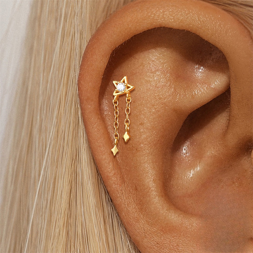 ASTM F136 Star/Moon Chain Tassel Threaded Cartilage Piercing Earrings Ear Studs