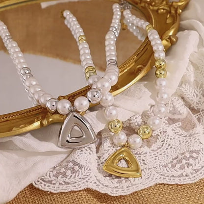 Vintage Pearl Beaded Hollow Triangle Pendant Necklace | 18K Gold & Silver Stainless Steel Elegant Jewelry for Women