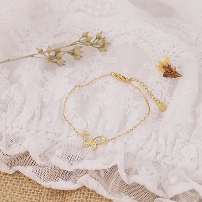 18K Gold Plated Stainless Steel Butterfly Crystal Pendant Bracelet – Fashion Jewelry Gift for Women