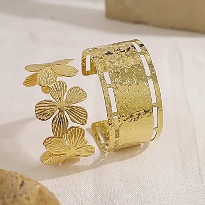 18K Gold Plated Stainless Steel Geometric Bangle Bracelet Series | Wave, Floral, Scroll, Brushed Hollow Designs