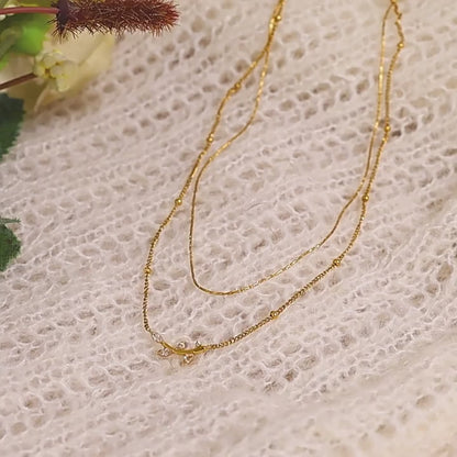 18K Gold Plated Titanium Steel Olive Leaf Pendant Necklace with Double Layered Crystal | Elegant Fashion Jewelry