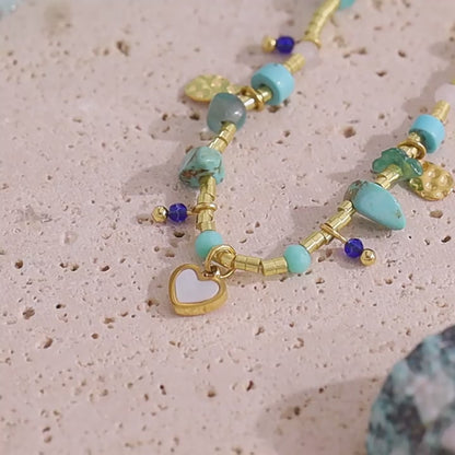 18K Gold Plated Titanium Steel Ocean Style Heart Pendant Necklace with Turquoise