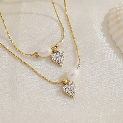 Elegant Pearl & Diamond Heart Pendant Titanium Steel Necklace & Bracelet Set – 18K Gold Plated, Adjustable Length, Perfect for Gifts