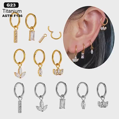 Titanium Zirconia Dangle Piercing Earrings – One-Piece Clasp Design for Earlobe & Cartilage