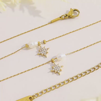 Elegant Pearl & Star Pendant Titanium Steel Necklace and Bracelet Set | Fashion Jewelry Set