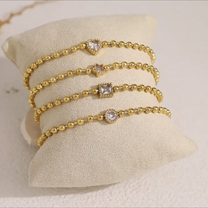 18K Gold Plated Titanium Steel Fashion Layered Small Gold Bead Chain Bracelet Set – Simple Geometric Designs with Crystal Inlays, Heart and Star Pendants