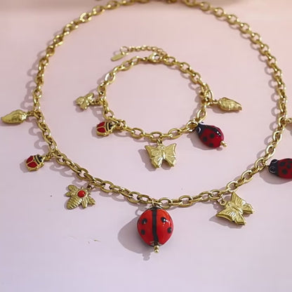 18K Gold Plated Titanium Steel Nature Insect Series Ladybug Butterfly Bee Pendant Necklace & Bracelet Set