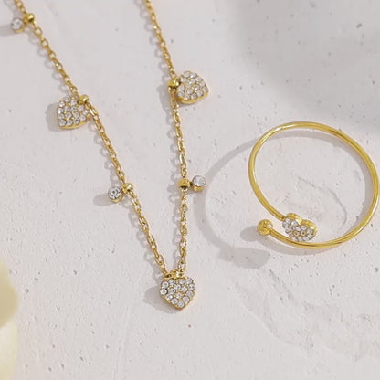 Elegant Heart-Shaped Crystal Necklace & Ring Set – 18K Gold Plated Titanium Steel