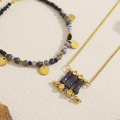 18K Gold Plated Titanium Steel Natural Stone Pendant Necklace & Bracelet Set – Non-Fading Luxury Design