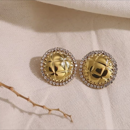 Stainless Steel Crystal Geometric Round Earrings – Textured Luxury Statement Hoop Earrings for Women