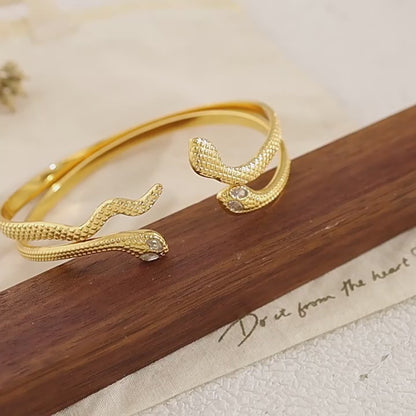 18K Gold-Plated Stainless Steel Zircon Snake Cuff Bracelet | Elegant Serpentine Bangle
