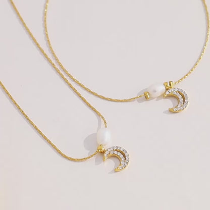 Elegant Freshwater Pearl & Moon Pendant Necklace & Bracelet Set