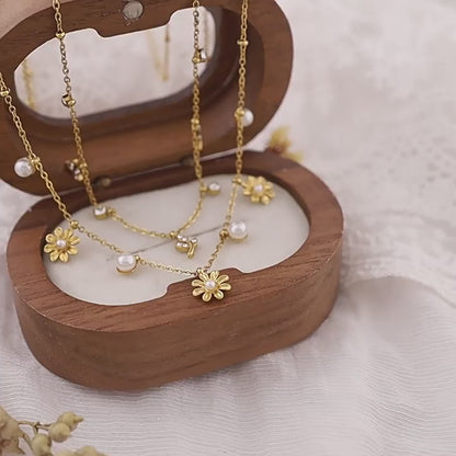 18K Gold Plated Titanium Steel Pearl & Leaf Flower Pendant Necklace | Elegant Fashion Jewelry
