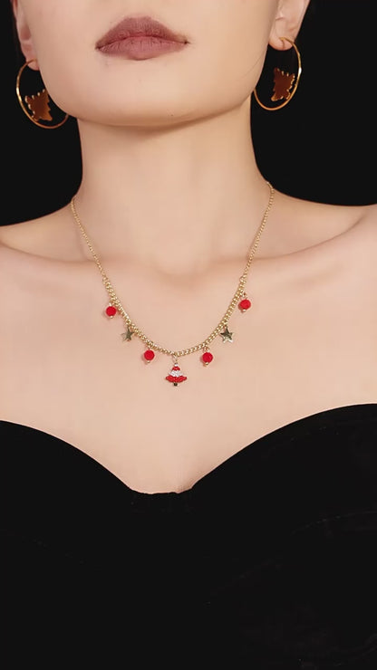 Christmas Tree Garnet Oil Drop Zircon Necklace & Bracelet Set | Layered Stainless Steel Holiday Jewelry