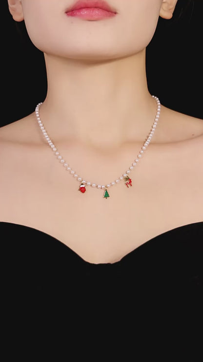 Christmas Tree Reindeer Glove Pendant Imitation Pearl Enamel Necklace & Bracelet Set – Stainless Steel Gold Plated Holiday Jewelry