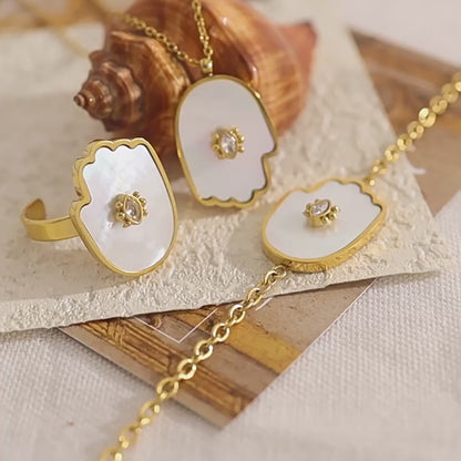 18K Gold Plated Stainless Steel Evil Eye Bracelet & Ring Set – Shell and Crystal Inlay | Fashion Protection Jewelry