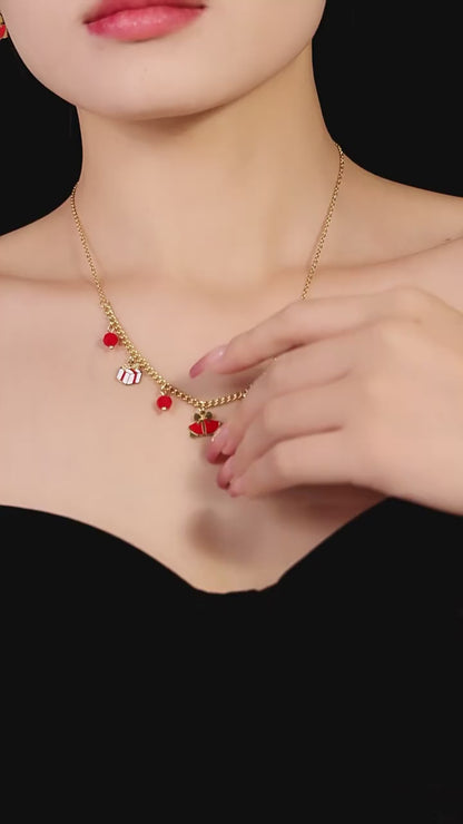 Gold Plated Stainless Steel Double-Layer Bell & Apple Gift Necklace & Bracelet – Garnet Drop