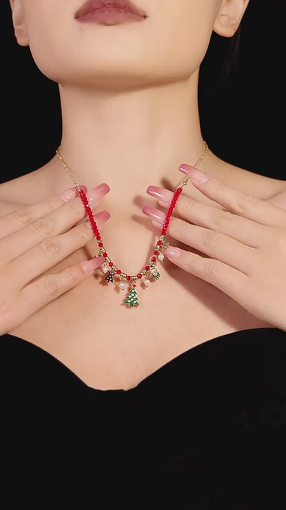 Gold Stainless Steel Christmas Tree Star Snowflake Pendant Necklace | Festive Zircon Holiday Jewelry Gift