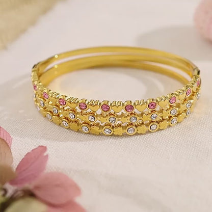 18K Gold Plated Stainless Steel Crystal Heart & Star Bangle Bracelet | Elegant Narrow Edge Cuff Jewelry for Women