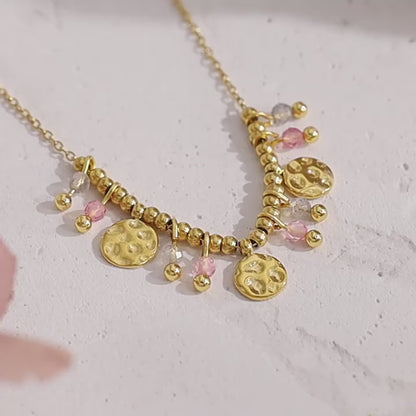 18K Gold Plated Titanium Steel Crystal Pendant Necklace | Elegant Metal Round Pendant Necklace