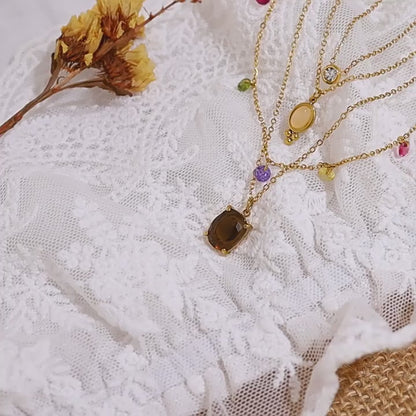 18K Gold Plated Stainless Steel Oval & Round Crystal Pendant Necklace | Colorful Zircon & Rose Quartz Jewelry for Women